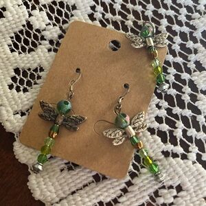 Green Dragonfly Bead Dangle Earrings and Pendant - Unbranded